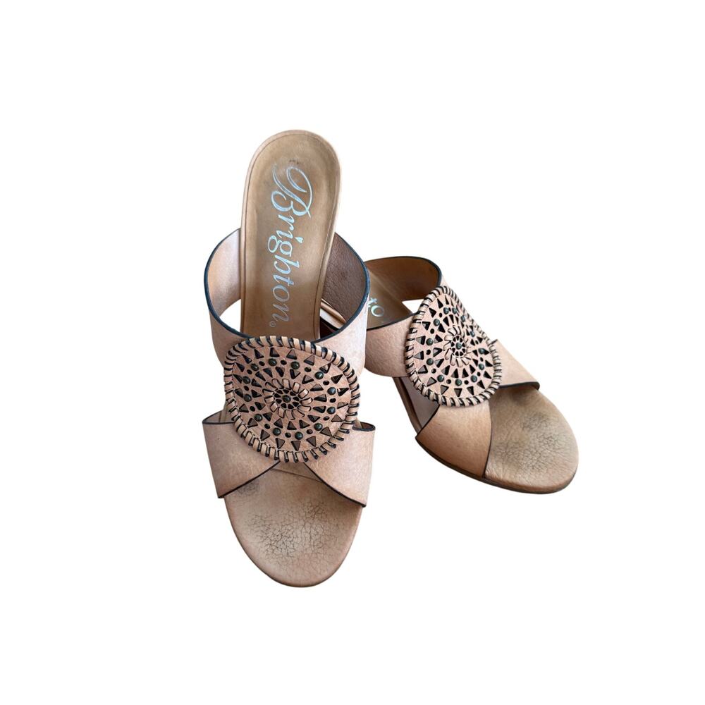Brighton Rive Wedges Sandals Laser cut Leather Slip on Tan Women's Size 8